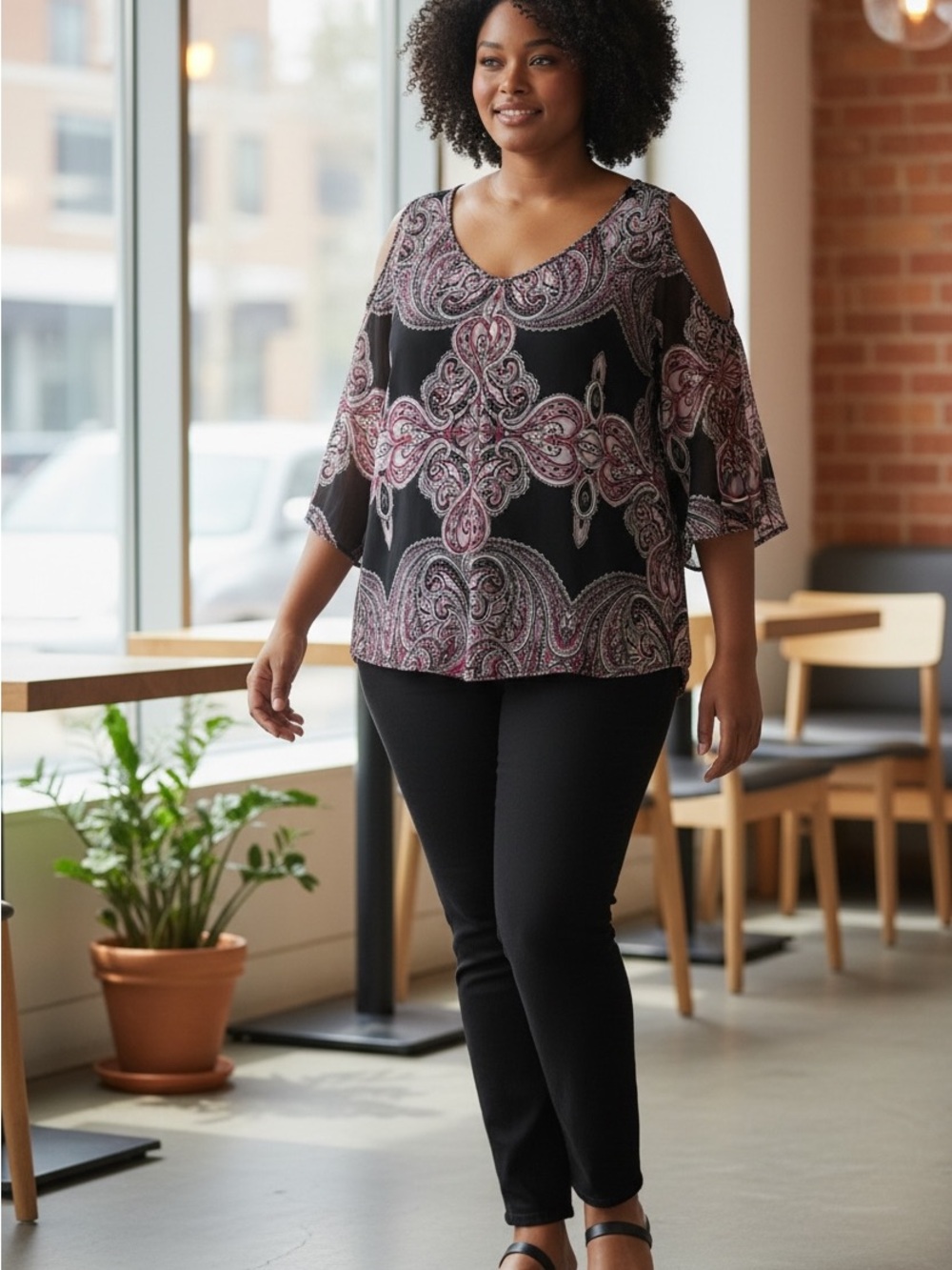INC International Concepts Black and Pink Paisley Cold-Shoulder Blouse